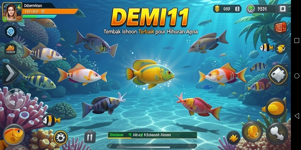 Screenshot utama DEMI11 menunjukkan aksi menembak ikan yang mendebarkan.
