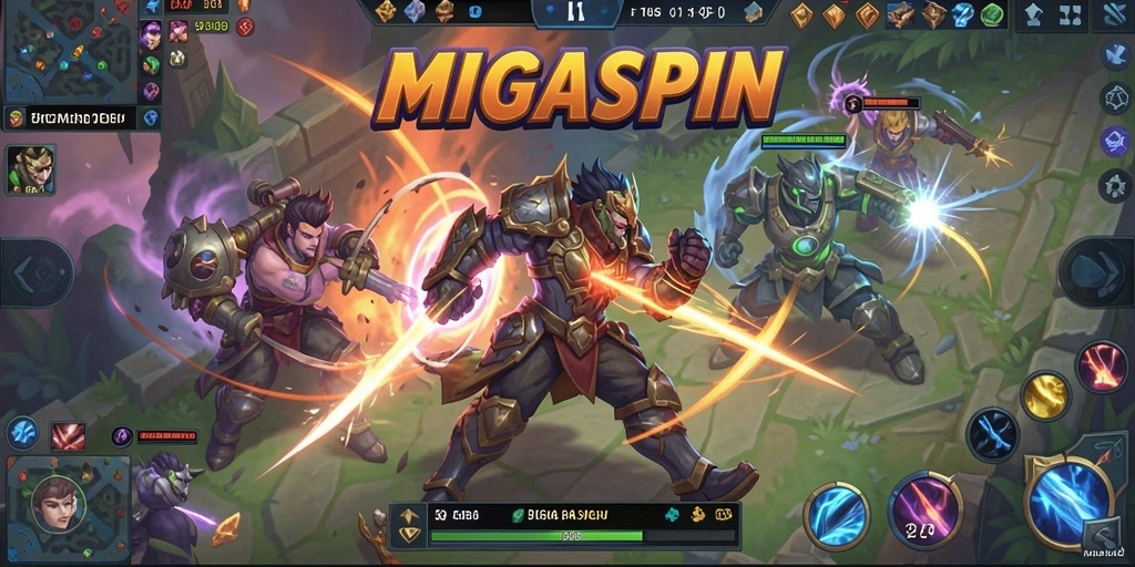 Tampilan gameplay seru MIGASPIN dengan pertarungan epik.