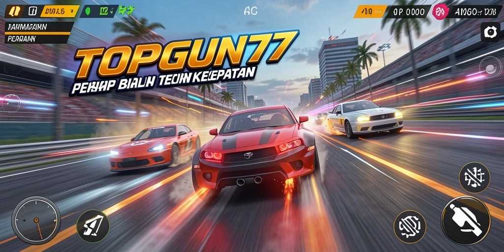 Gameplay menegangkan dengan mobil-mobil cepat di TOPGUN77.